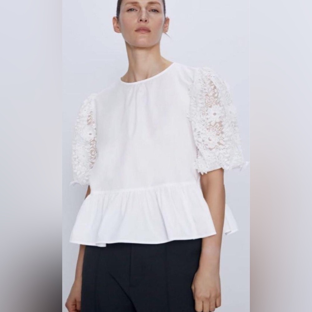 ZARA white puffy sleeves blouse, cotton poplin fabric with lace details